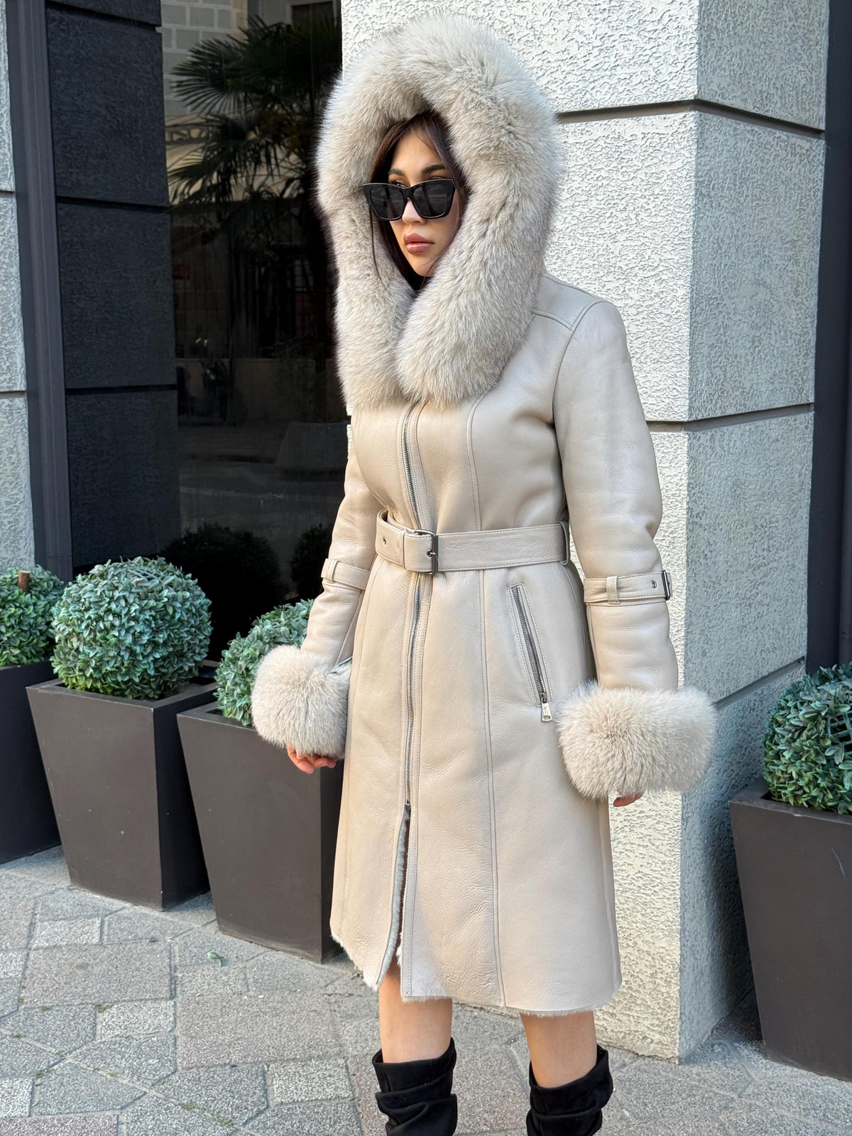 Beige Long Shearling Coat, Women’s Handmade Lamb Hood Cuffs - Fox Fur Jacket