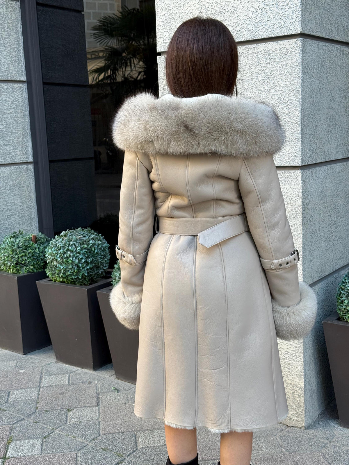 Beige Long Shearling Coat, Women’s Handmade Lamb Hood Cuffs - Fox Fur Jacket