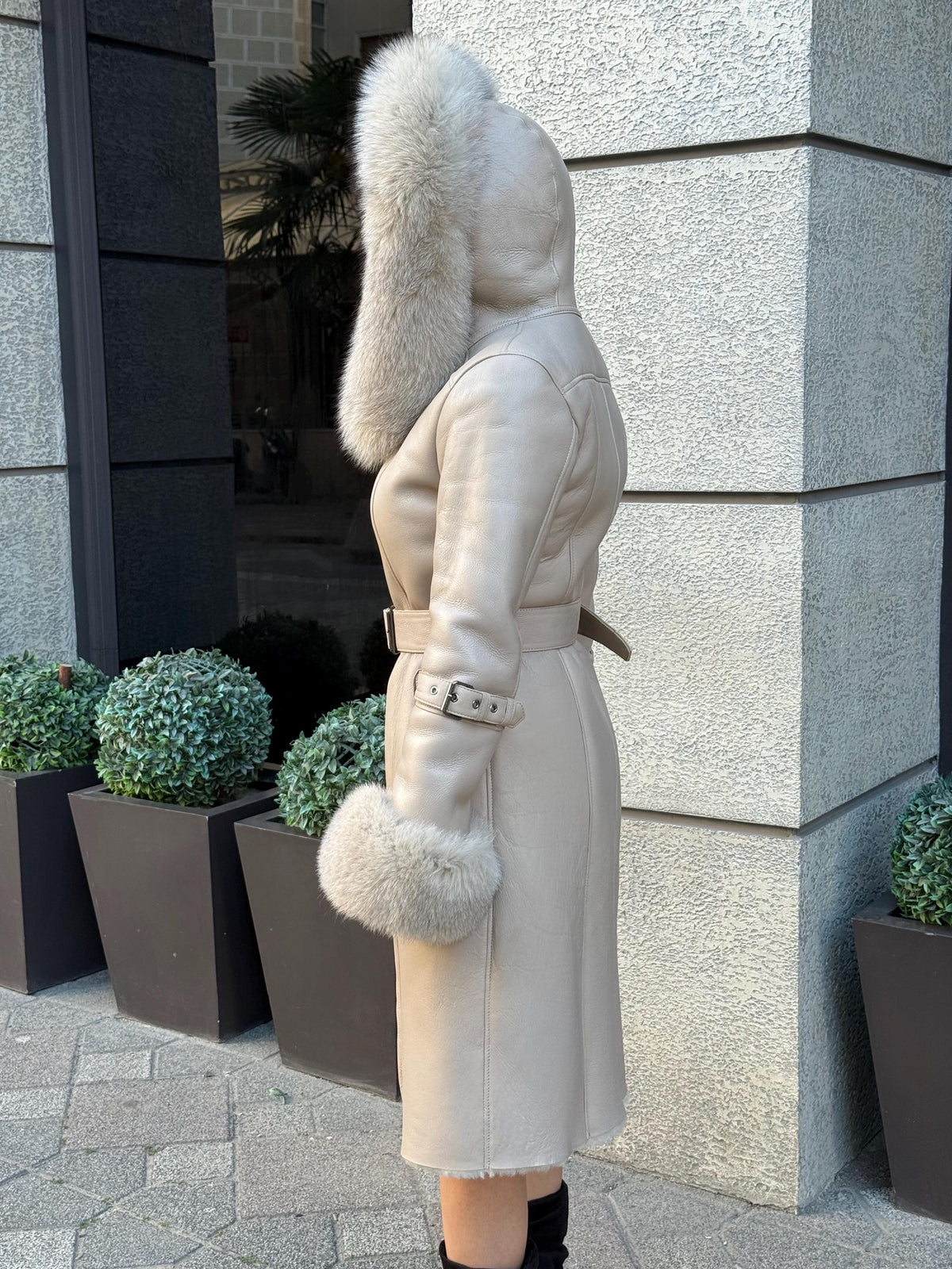 Beige Long Shearling Coat, Women’s Handmade Lamb Hood Cuffs - Fox Fur Jacket