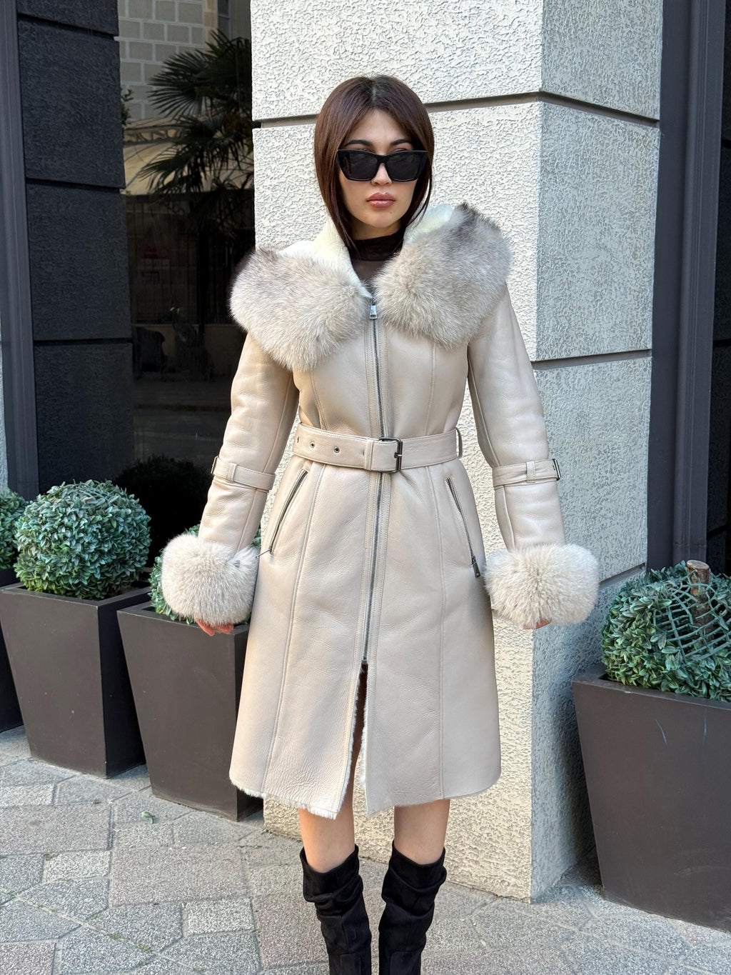 Beige Long Shearling Coat, Women’s Handmade Lamb Hood Cuffs - Fox Fur Jacket
