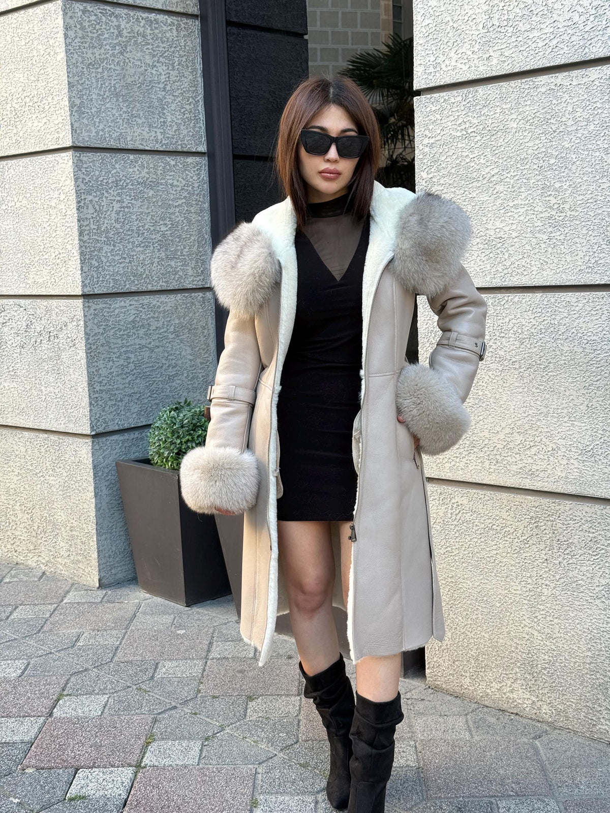 Beige Long Shearling Coat, Women’s Handmade Lamb Hood Cuffs - Fox Fur Jacket