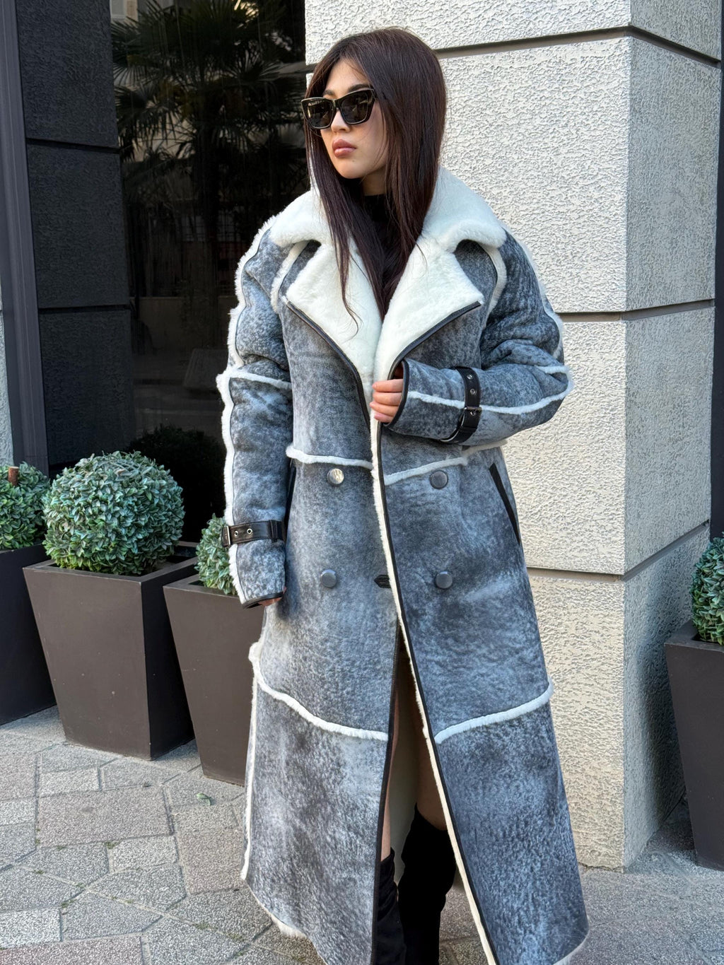 Handmade Grey Shearling Coat: Long Lambskin Jacket with White Wool Lining