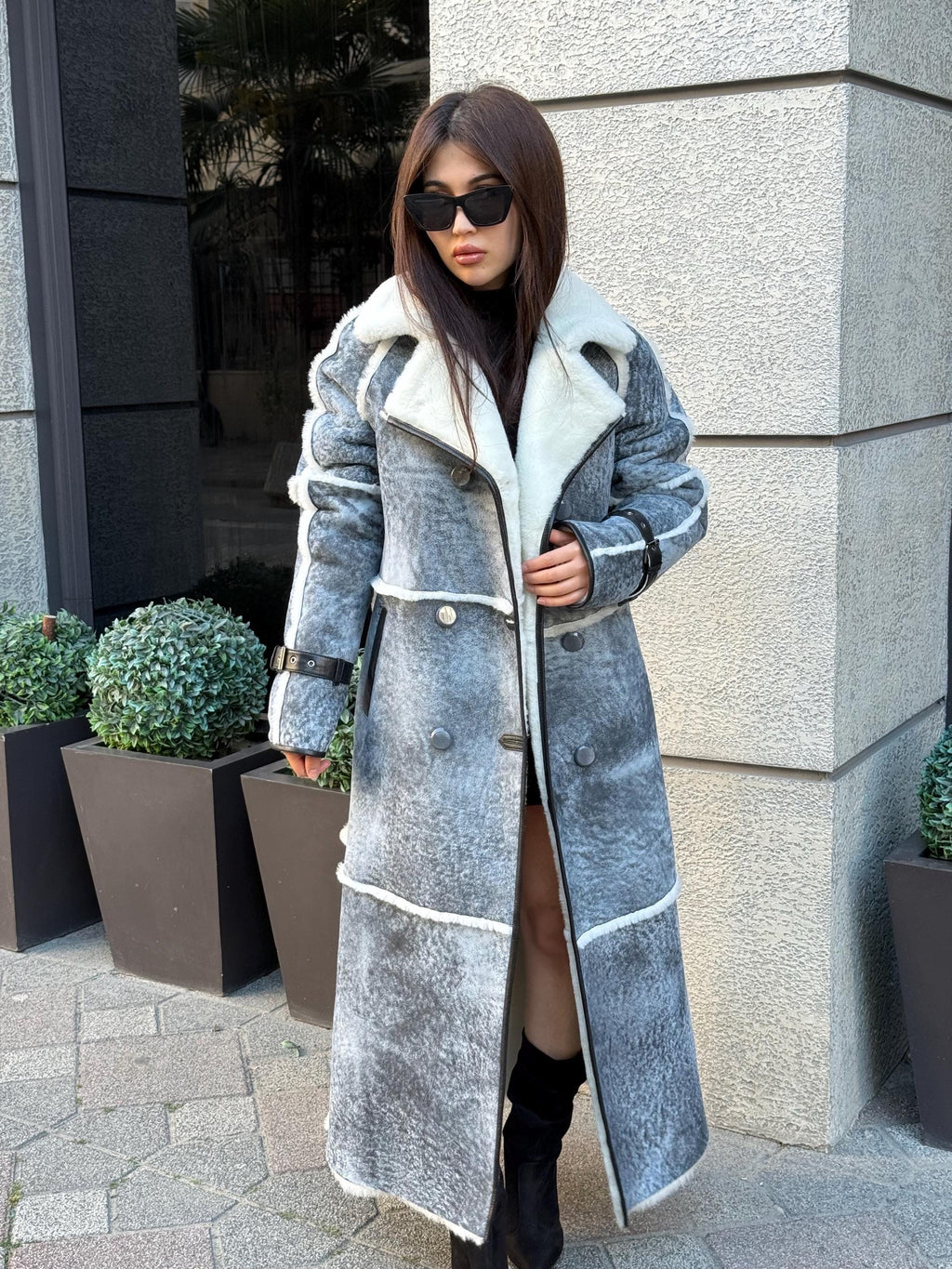 Handmade Grey Shearling Coat: Long Lambskin Jacket with White Wool Lining