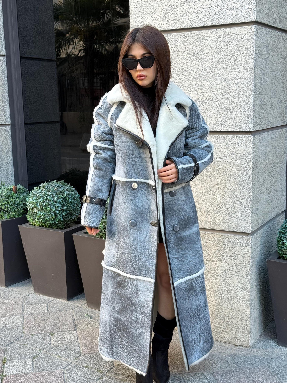Handmade Grey Shearling Coat: Long Lambskin Jacket with White Wool Lining