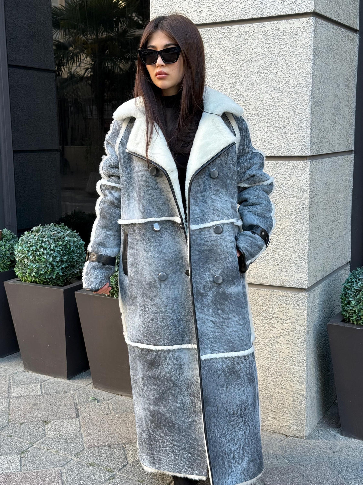 Handmade Grey Shearling Coat: Long Lambskin Jacket with White Wool Lining