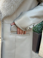 Beige Long Shearling Coat, Women’s Handmade Lamb Collar Fox Fur Jacket