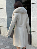 Beige Long Shearling Coat, Women’s Handmade Lamb Collar Fox Fur Jacket