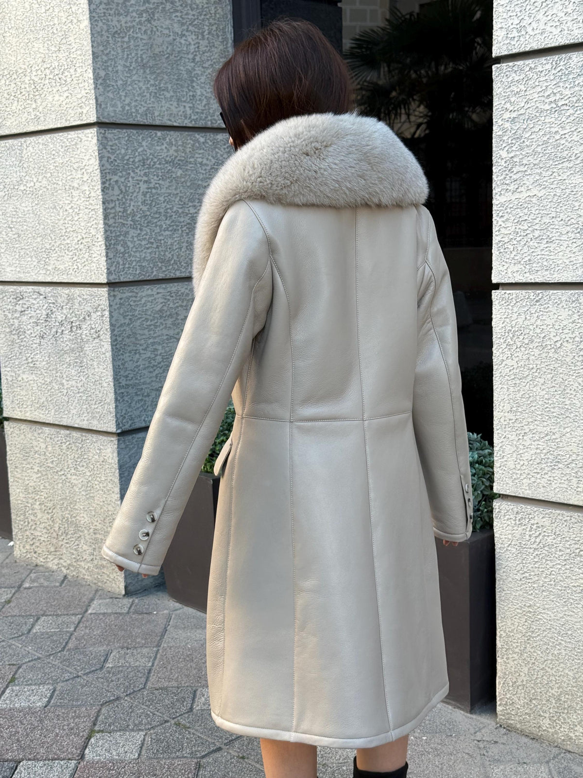 Beige Long Shearling Coat, Women’s Handmade Lamb Collar Fox Fur Jacket