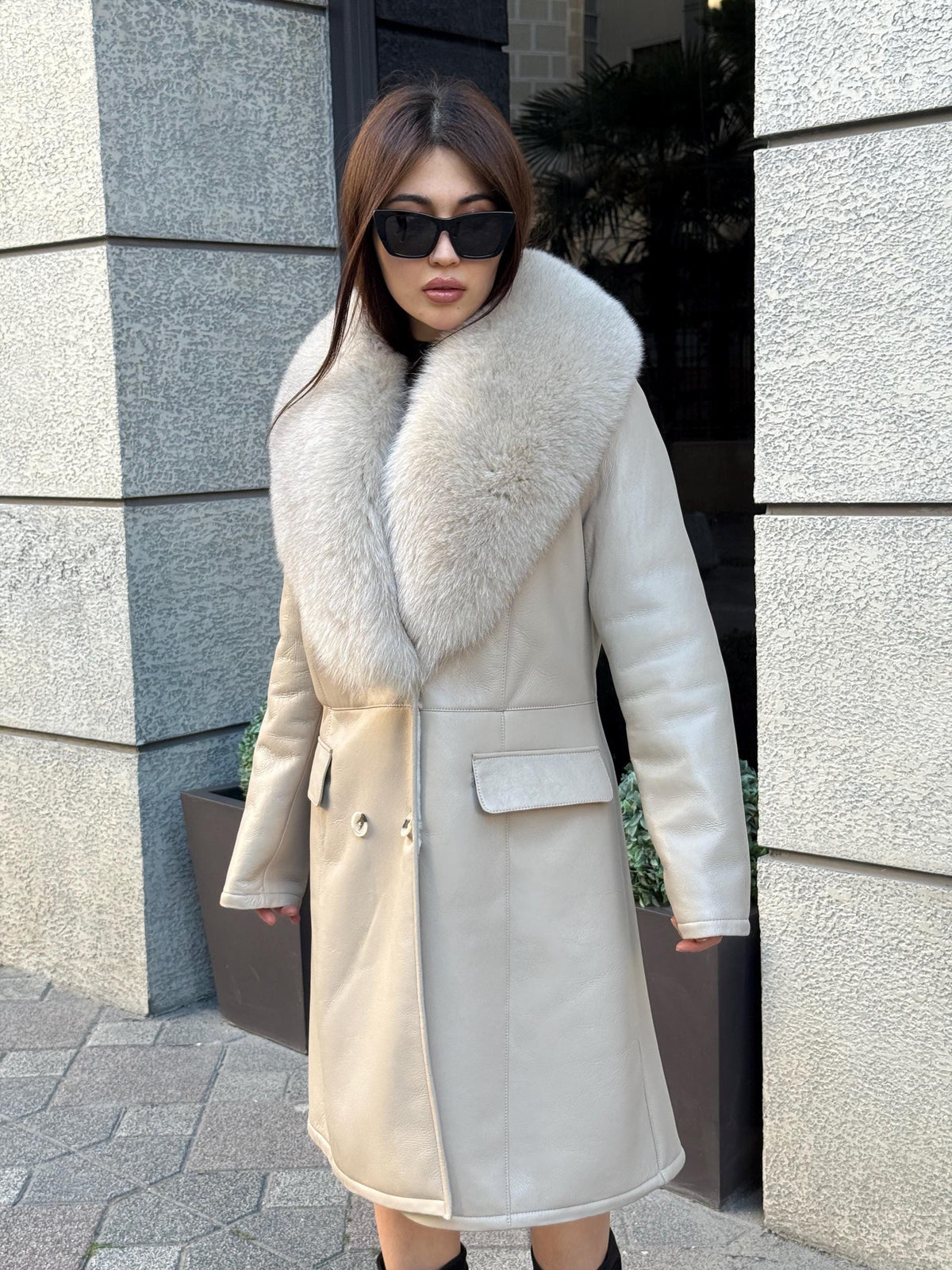 Beige Long Shearling Coat, Women’s Handmade Lamb Collar Fox Fur Jacket