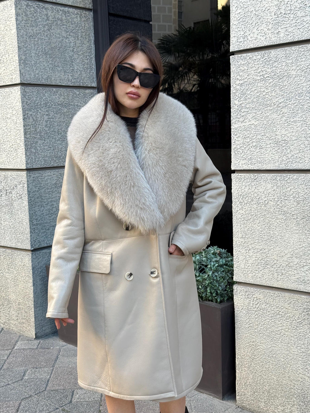 Beige Long Shearling Coat, Women’s Handmade Lamb Collar Fox Fur Jacket