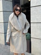 Beige Long Shearling Coat, Women’s Handmade Lamb Collar Fox Fur Jacket
