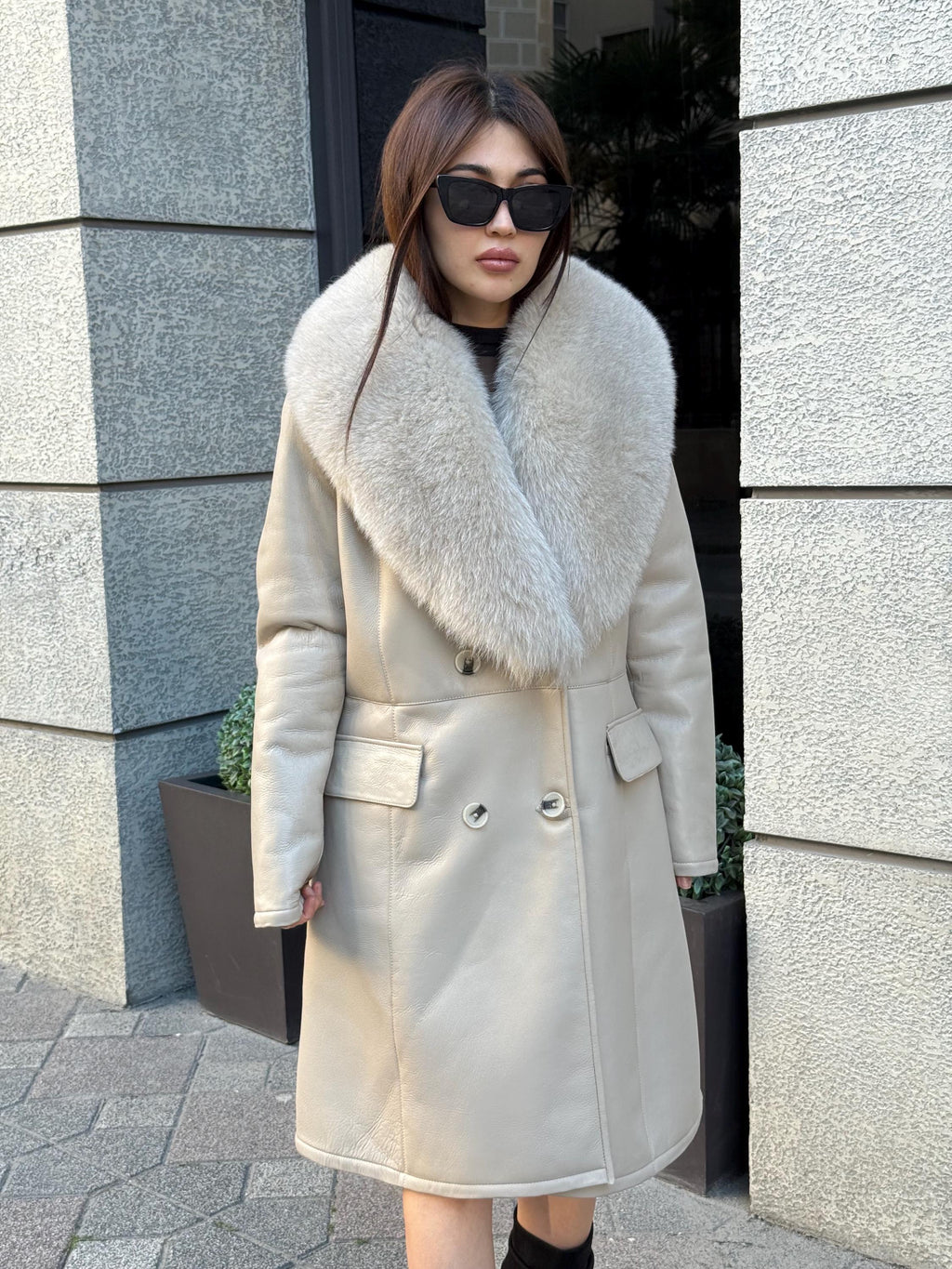 Beige Long Shearling Coat, Women’s Handmade Lamb Collar Fox Fur Jacket