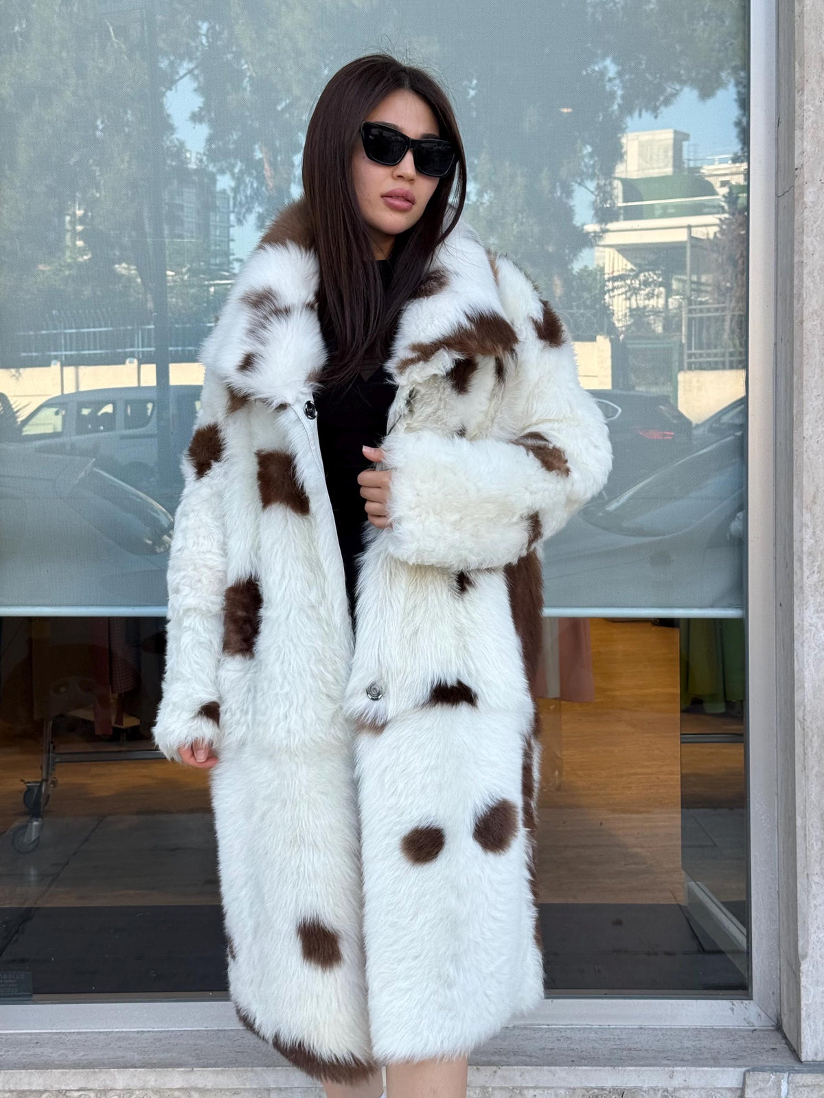 Reversible Sheepskin Shearling Coat: Handmade Cow Print Fur & Leather
