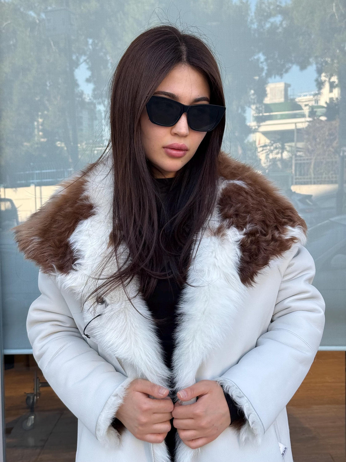 Reversible Sheepskin Shearling Coat: Handmade Cow Print Fur & Leather