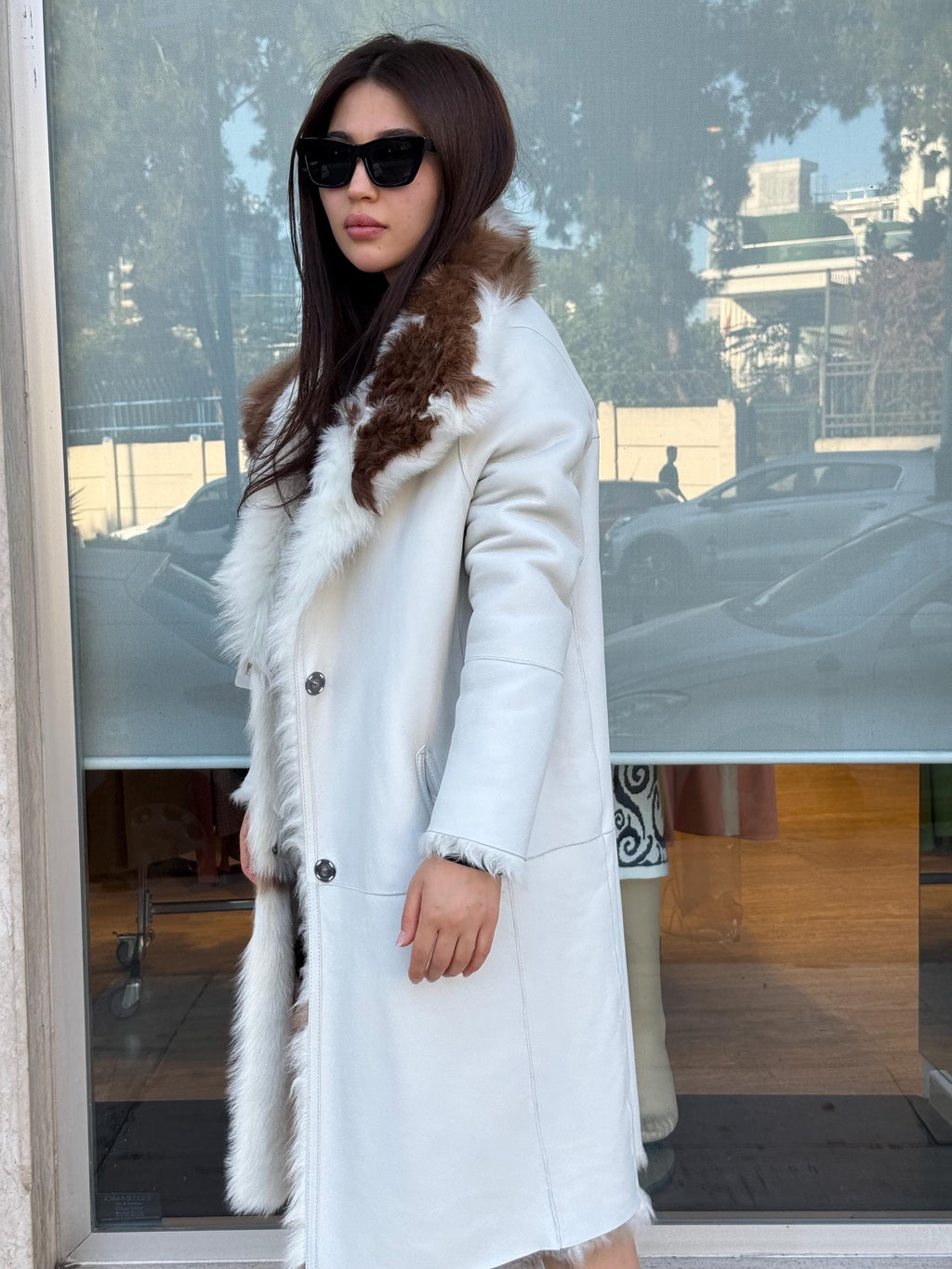 Reversible Sheepskin Shearling Coat: Handmade Cow Print Fur & Leather