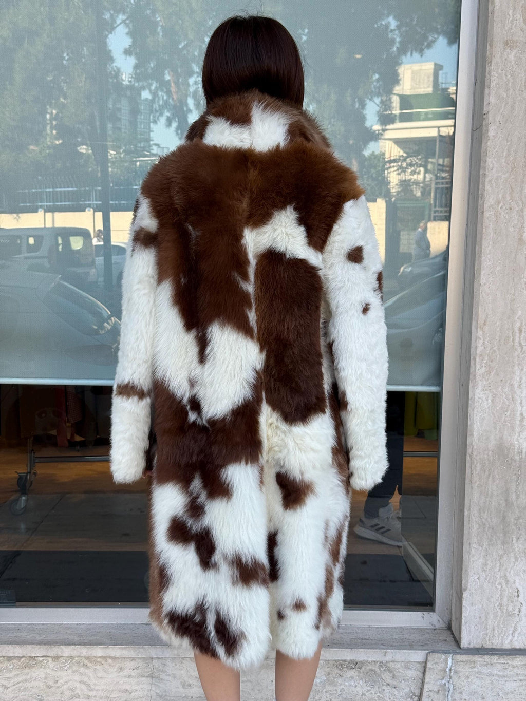 Reversible Sheepskin Shearling Coat: Handmade Cow Print Fur & Leather