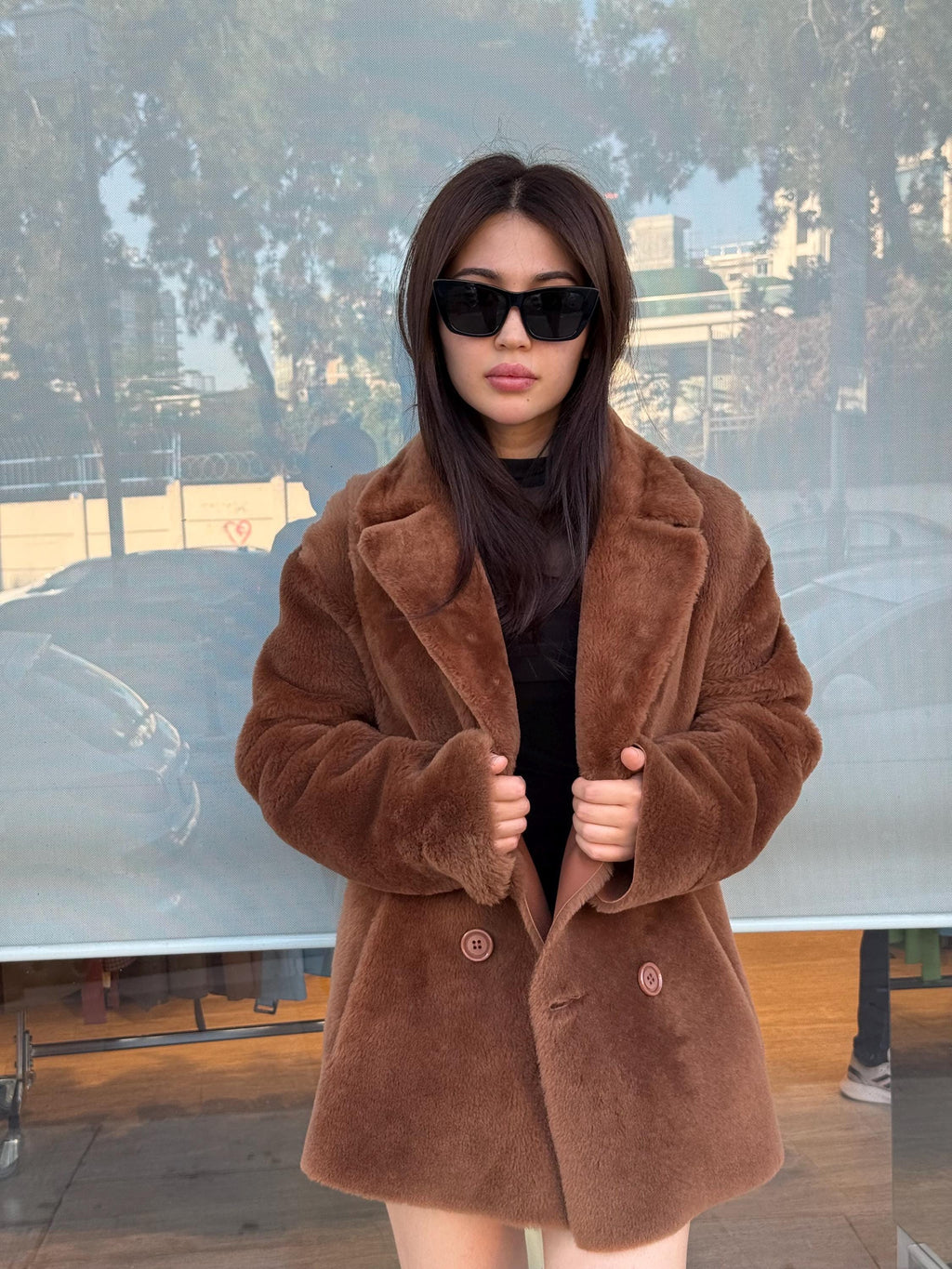 Brown Reversible Shearling Coat for Women – Premium Sheepskin Double-Sided Jacket – Handmade Warm Winter Fur Outerwear