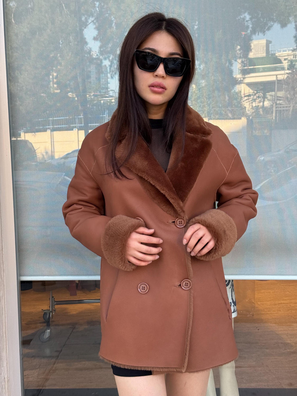 Brown Reversible Shearling Coat for Women – Premium Sheepskin Double-Sided Jacket – Handmade Warm Winter Fur Outerwear