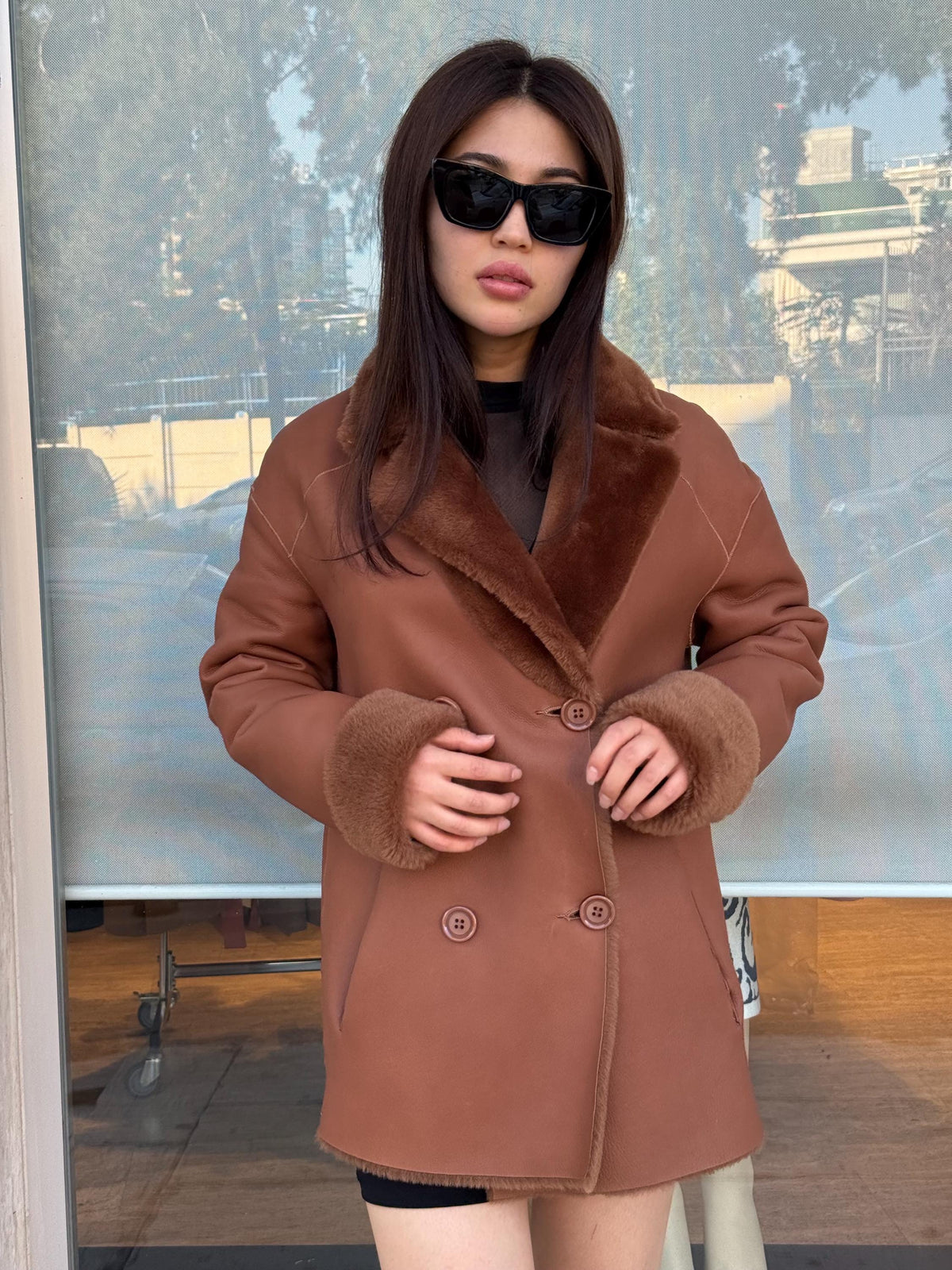 Brown Reversible Shearling Coat for Women – Premium Sheepskin Double-Sided Jacket – Handmade Warm Winter Fur Outerwear