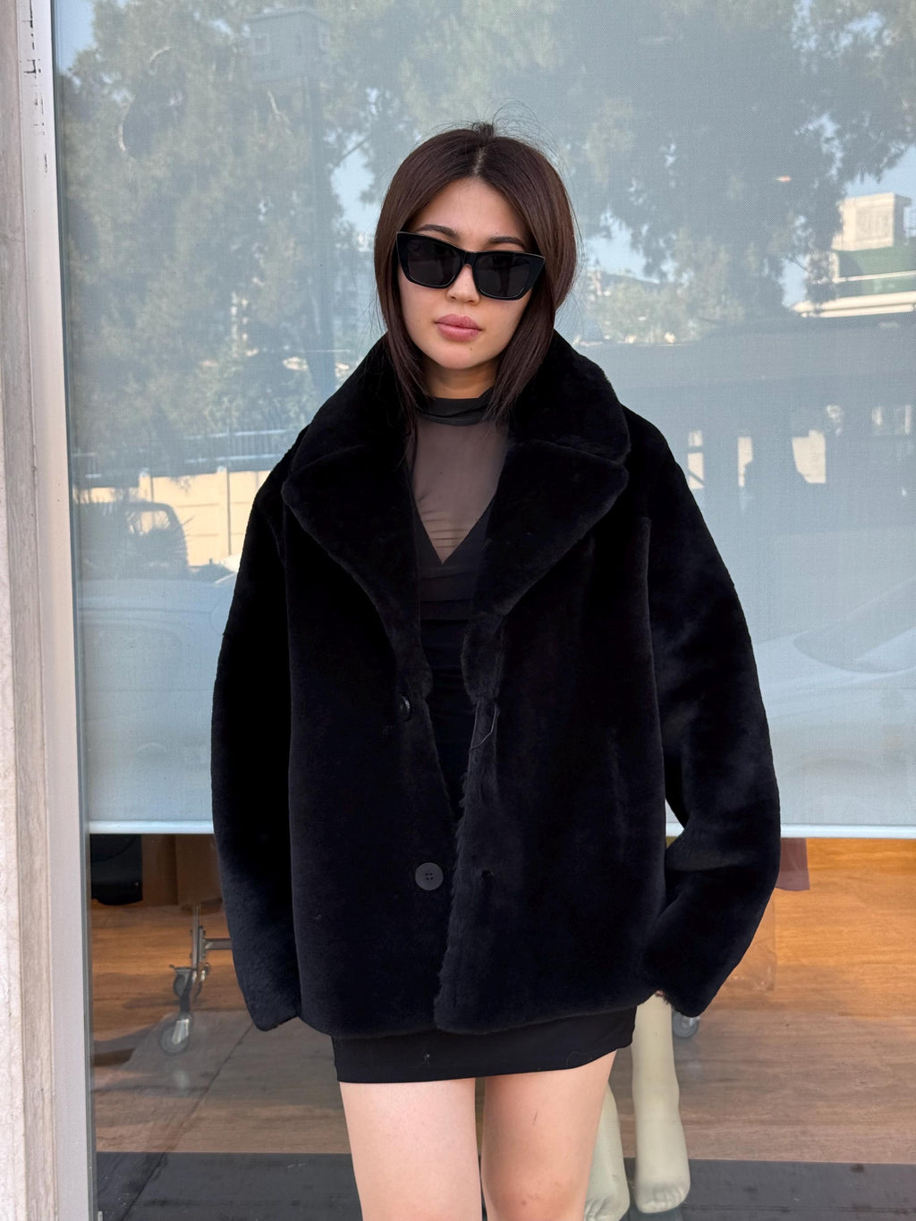 Reversible Black Shearling Coat: Winter Handmade Lamb Fur Jacket For Women