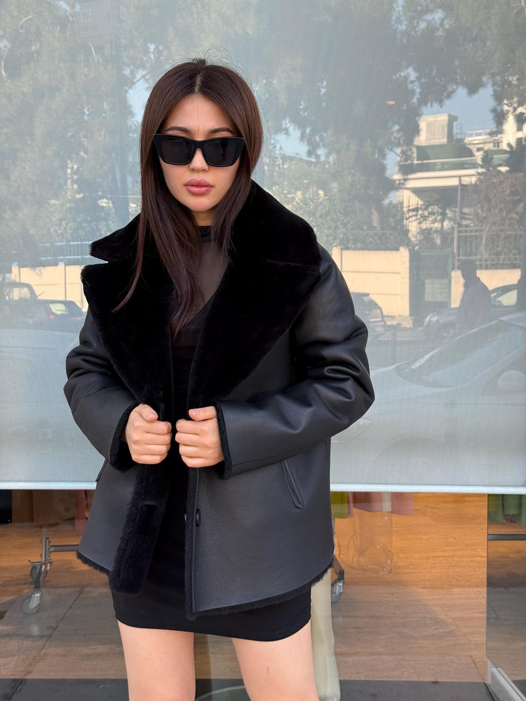 Reversible Black Shearling Coat: Winter Handmade Lamb Fur Jacket For Women