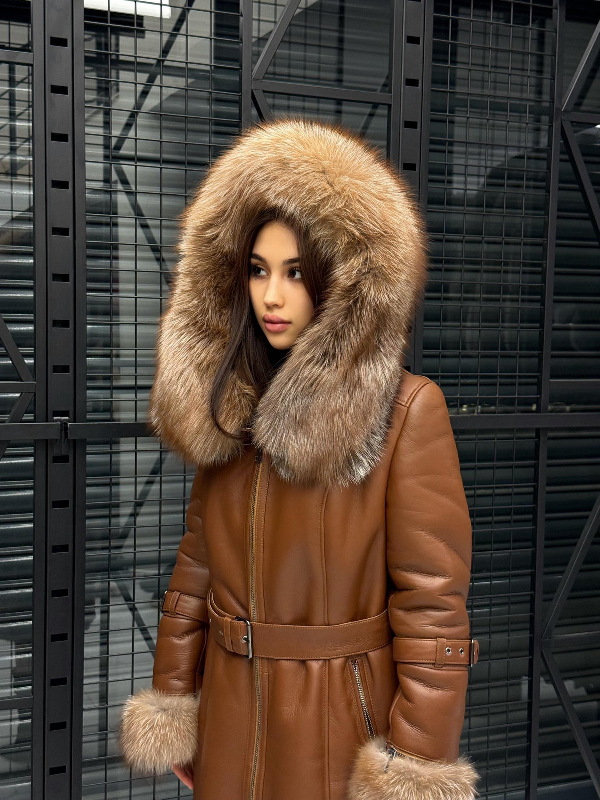 Whisky Brown Shearling Coat: Long Lamb Fur Jacket with Fox Fur Trim