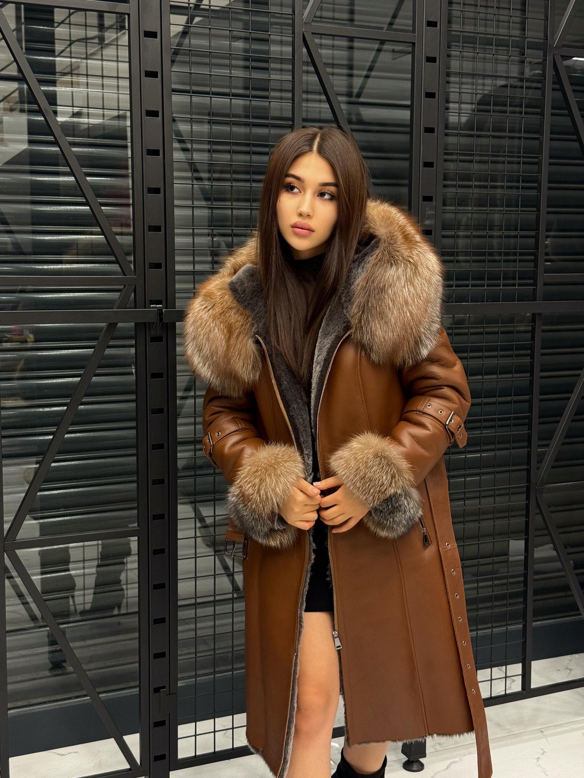 Whisky Brown Shearling Coat: Long Lamb Fur Jacket with Fox Fur Trim