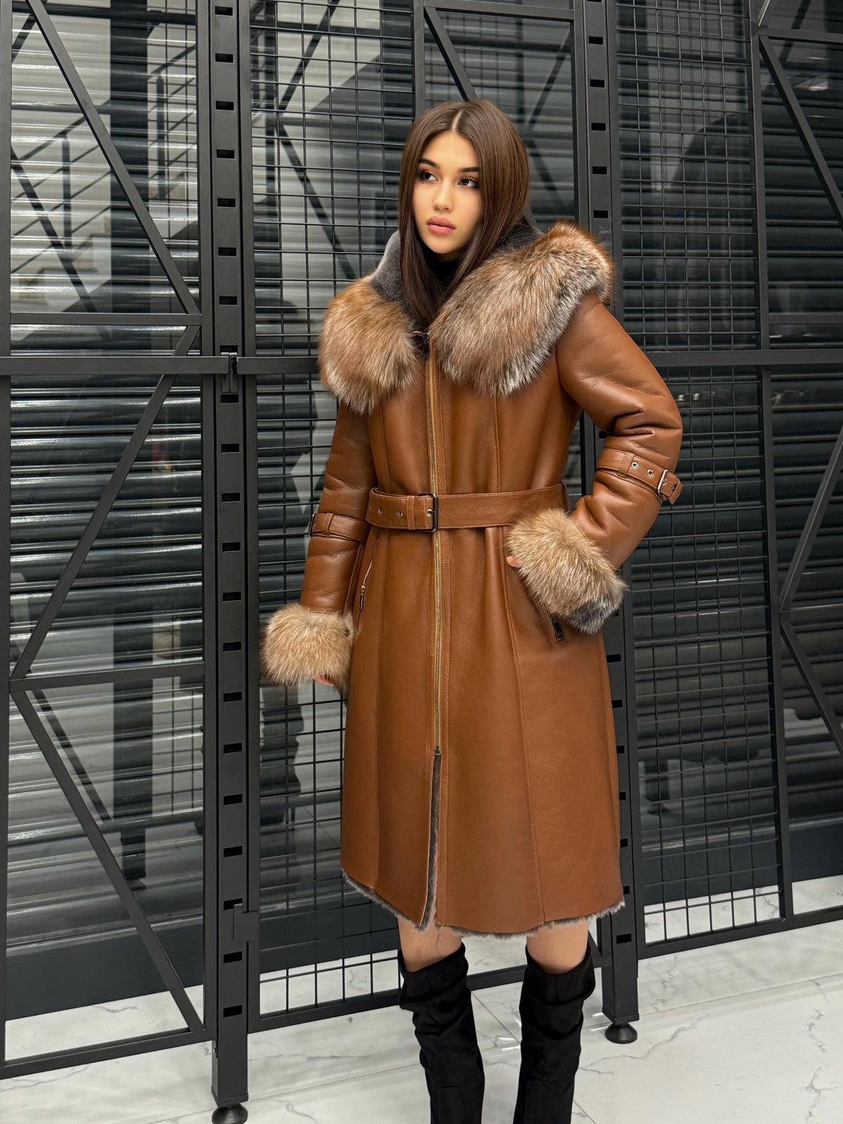 Whisky Brown Shearling Coat: Long Lamb Fur Jacket with Fox Fur Trim