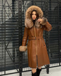 Whisky Brown Shearling Coat: Long Lamb Fur Jacket with Fox Fur Trim