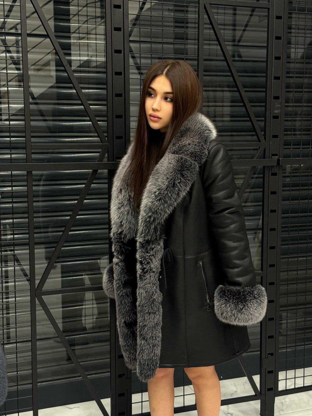 Black Lamb Fur Coat with Silver Fox Fur Trim, Handmade Women Luxury Shearling Jacket