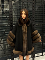 Luxury Black Cashmere Cape with Fox Fur Trim - Elegant Winter Poncho