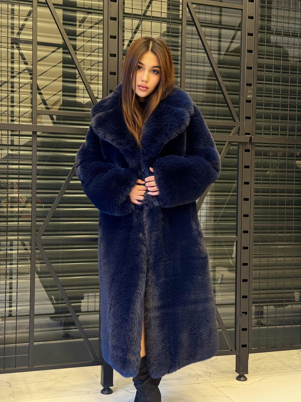 Navy Blue Faux Fur Teddy Coat: Long Vegan Plush Winter Jacket