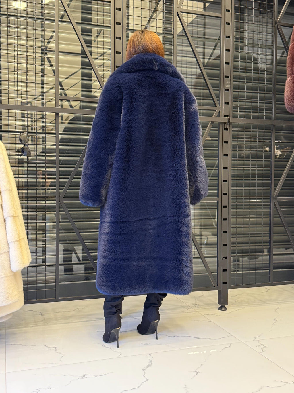 Navy Blue Faux Fur Teddy Coat: Long Vegan Plush Winter Jacket