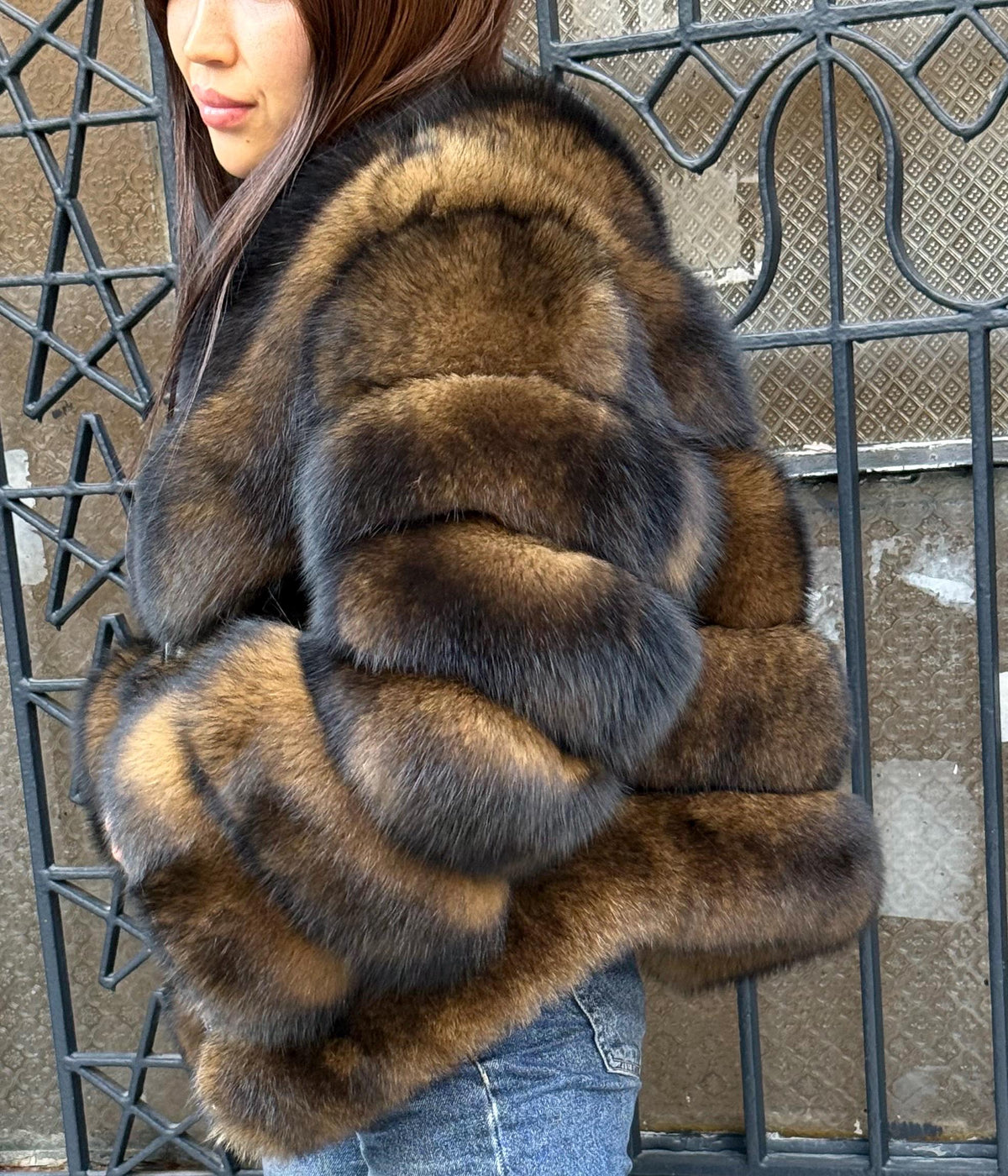 Women’s Brown Fox Fur Jacket, Handmade Short Luxury Sable Color Fur Coat