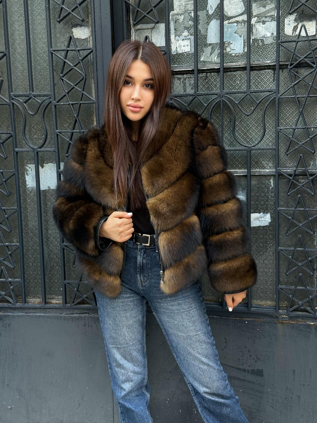 Women’s Brown Fox Fur Jacket, Handmade Short Luxury Sable Color Fur Coat