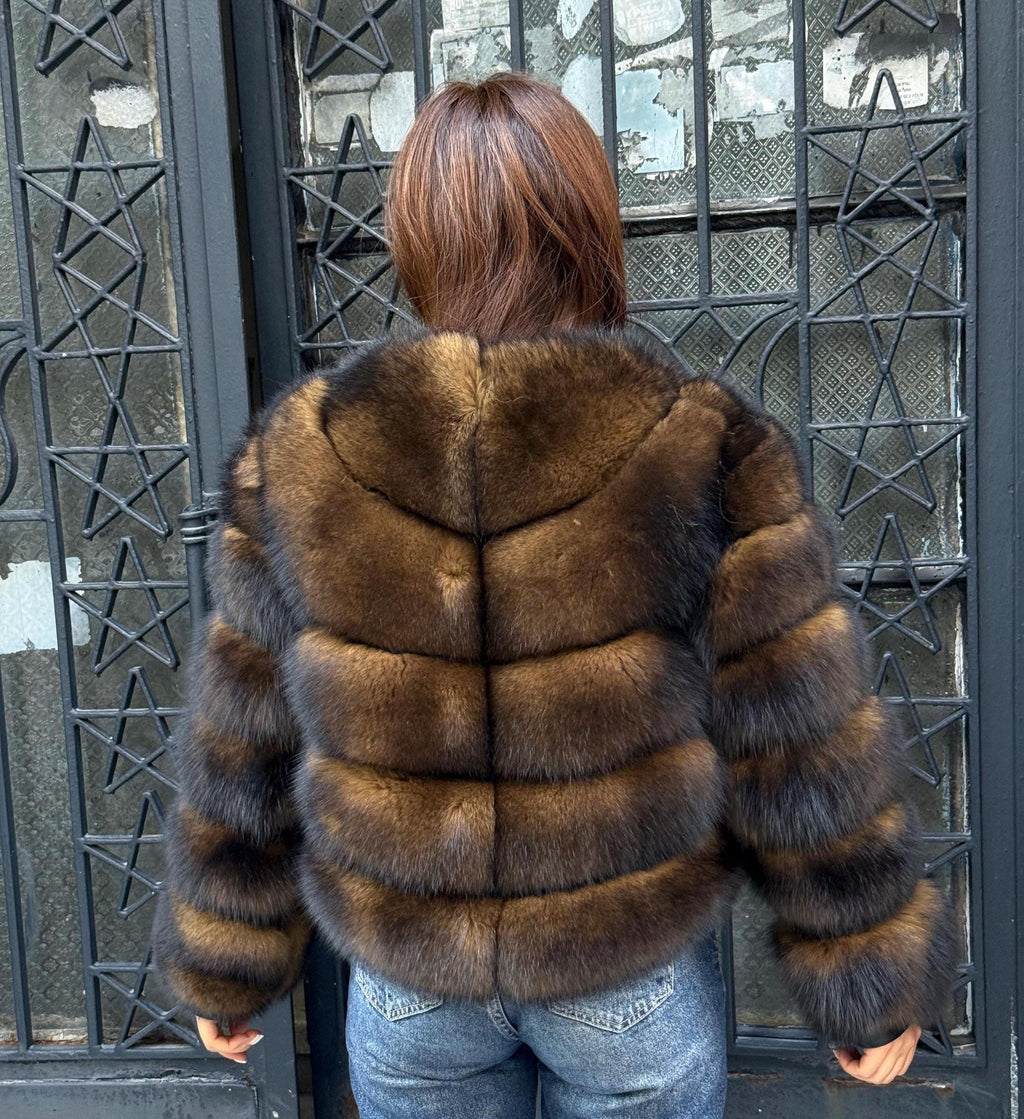 Women’s Brown Fox Fur Jacket, Handmade Short Luxury Sable Color Fur Coat