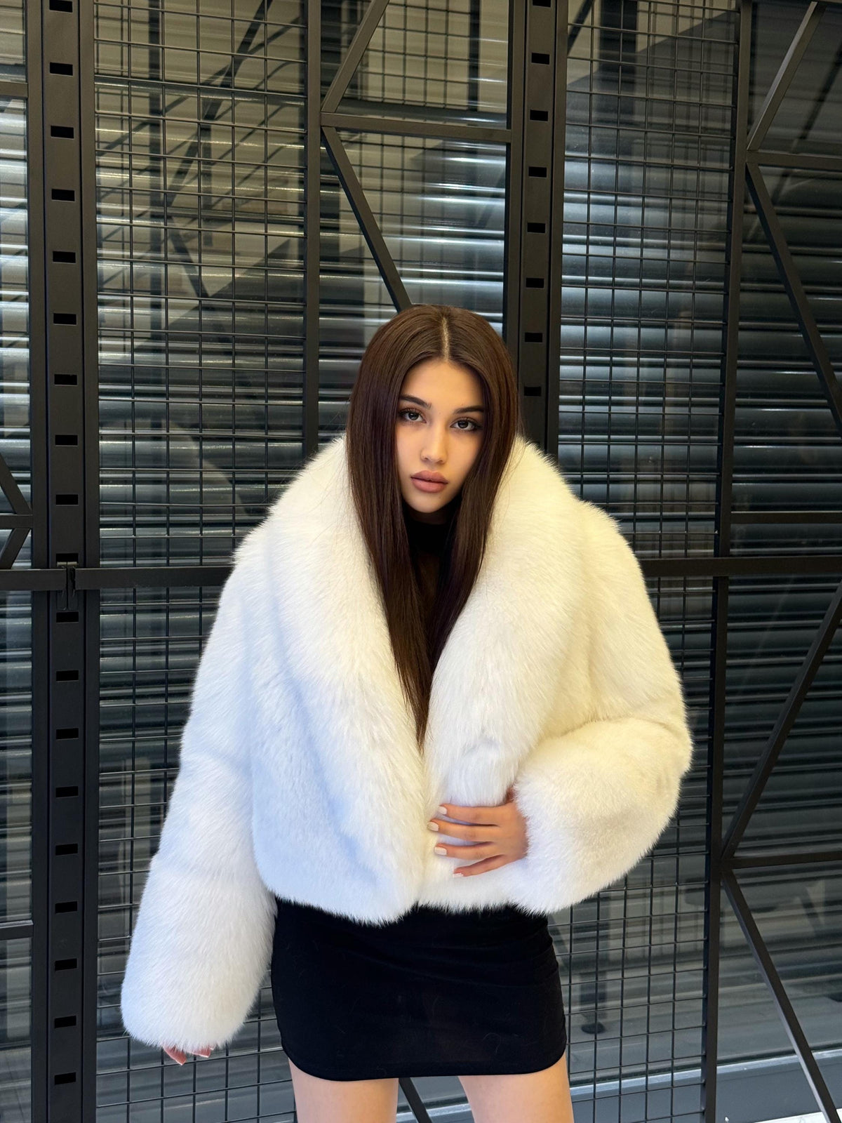 Women White Shadow Fox Fur Jacket, Luxury Handmade Short Fur Coat