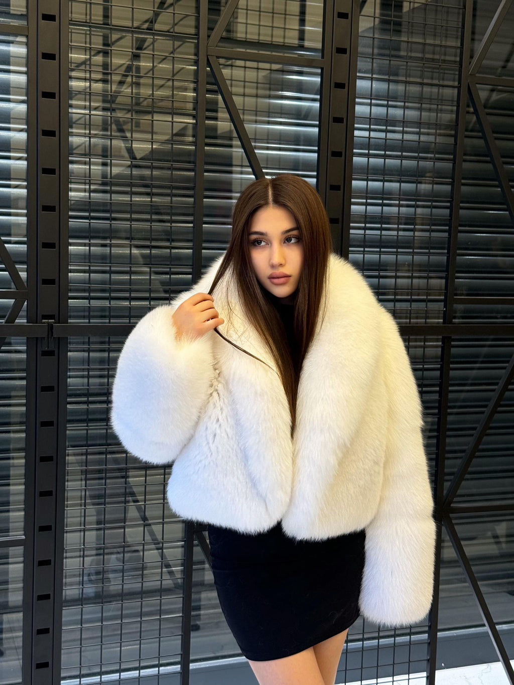 Women White Shadow Fox Fur Jacket, Luxury Handmade Short Fur Coat