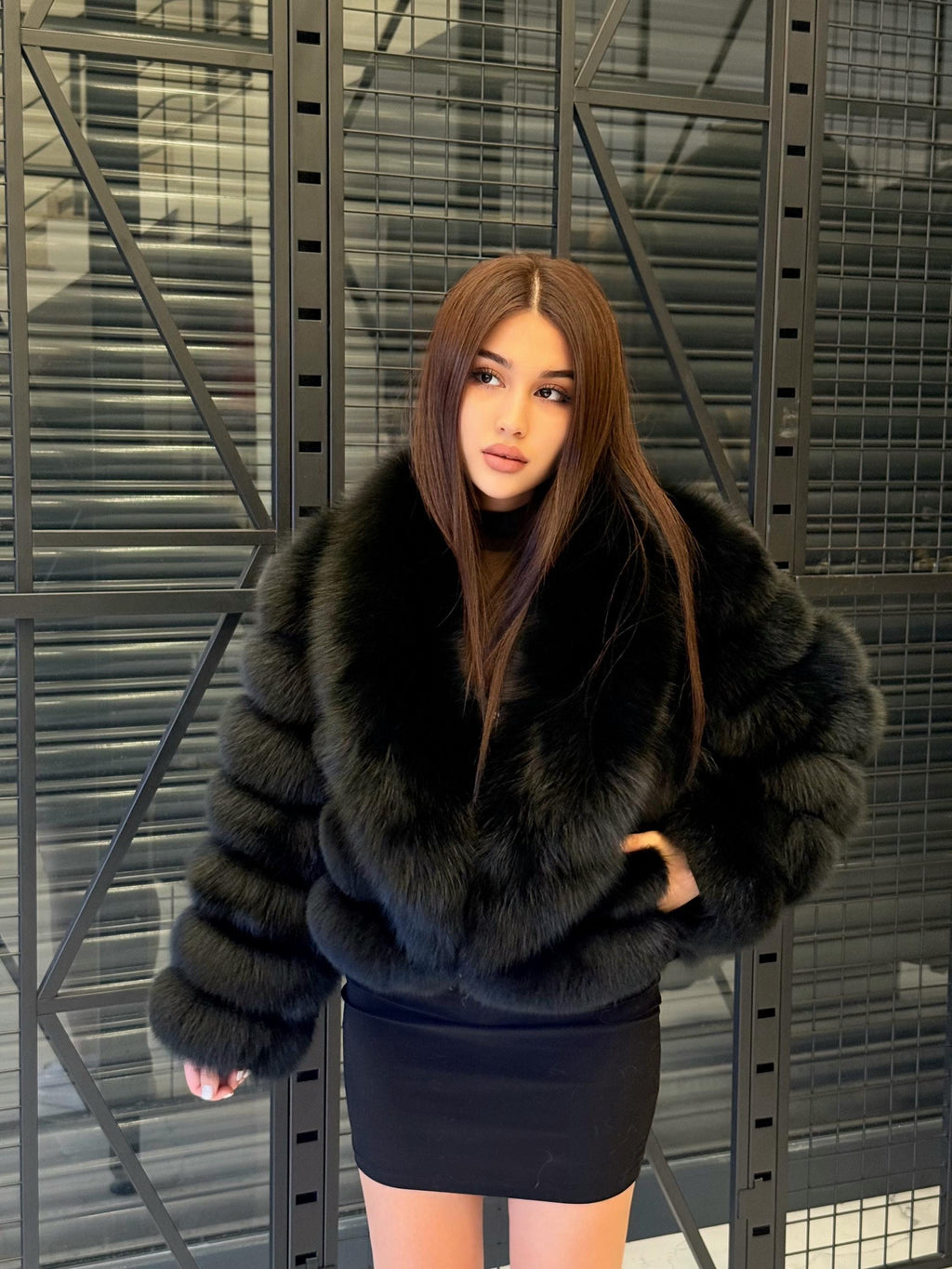 Black Fox Fur Jacket: Handmade Short With Detachable Sleeves Fur Coat For Women