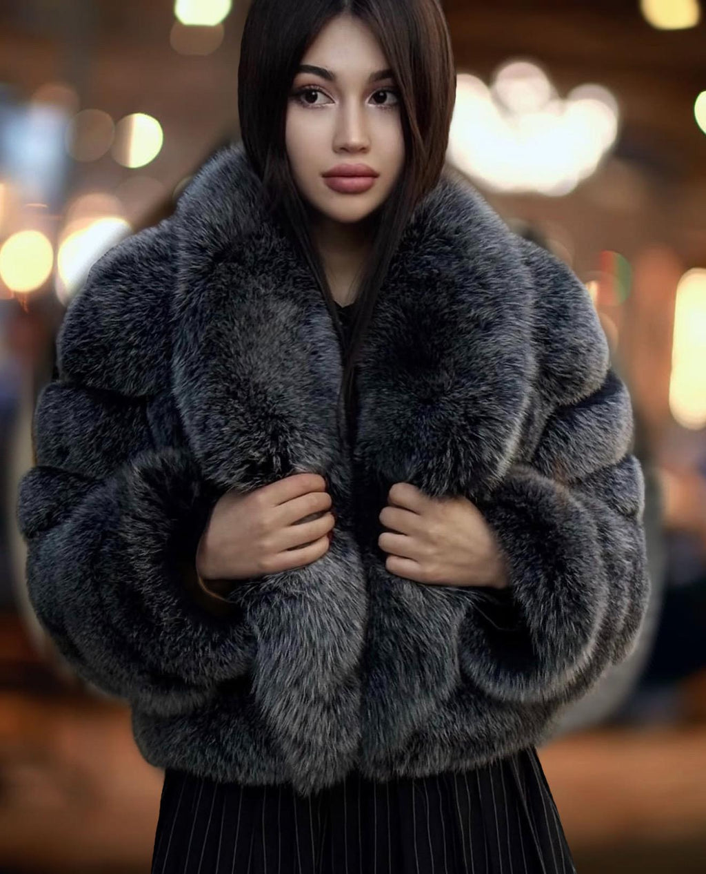 Women’s White Fox Fur Jacket, Handmade Detachable Sleeves Short Fur Coat