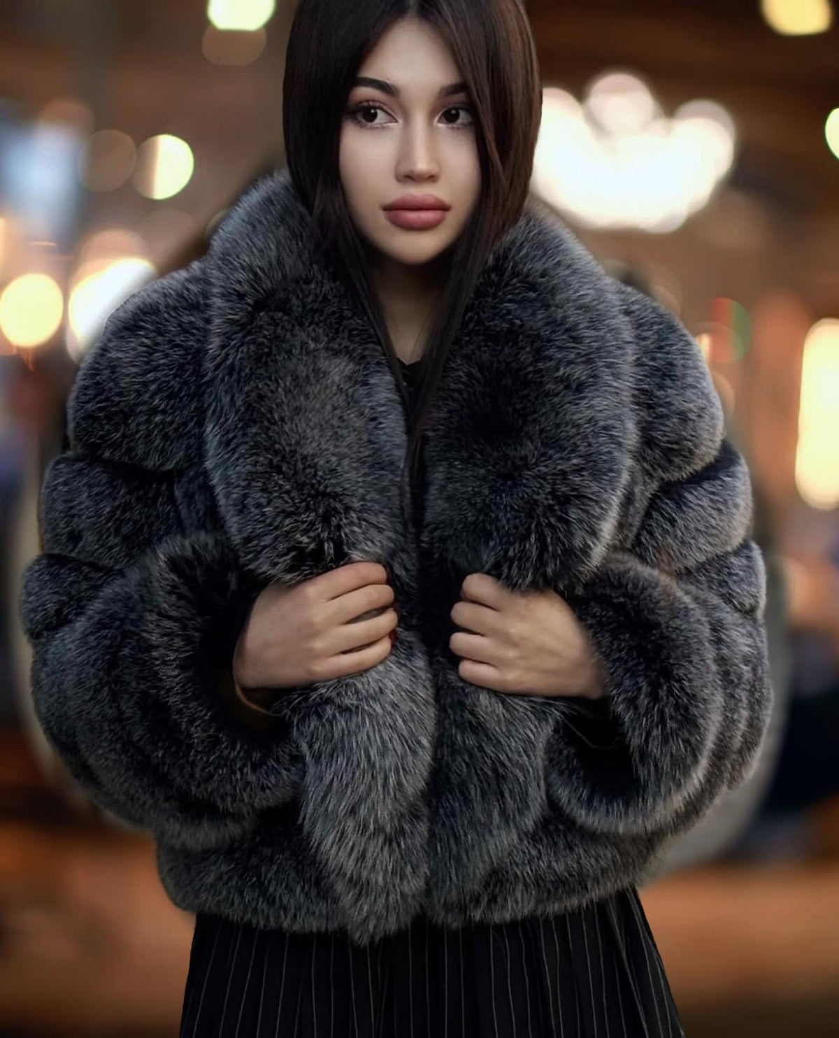 Women’s White Fox Fur Jacket, Handmade Detachable Sleeves Short Fur Coat