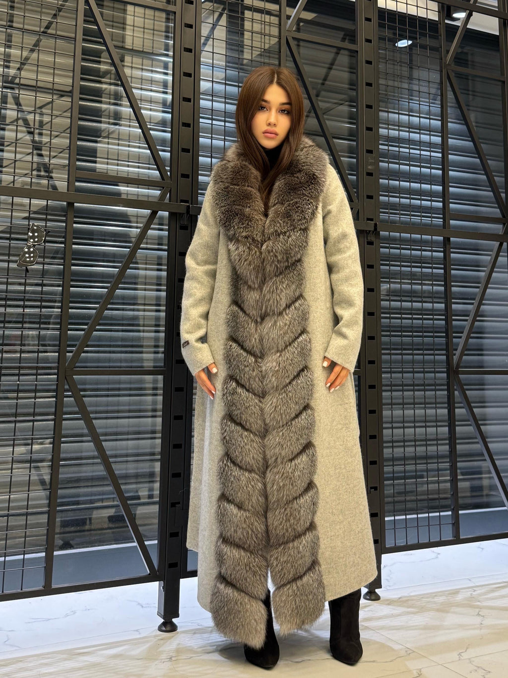 Women’s Gray Long Alpaca Wool Coat, Handmade Front Frost Fox Fur Jacket
