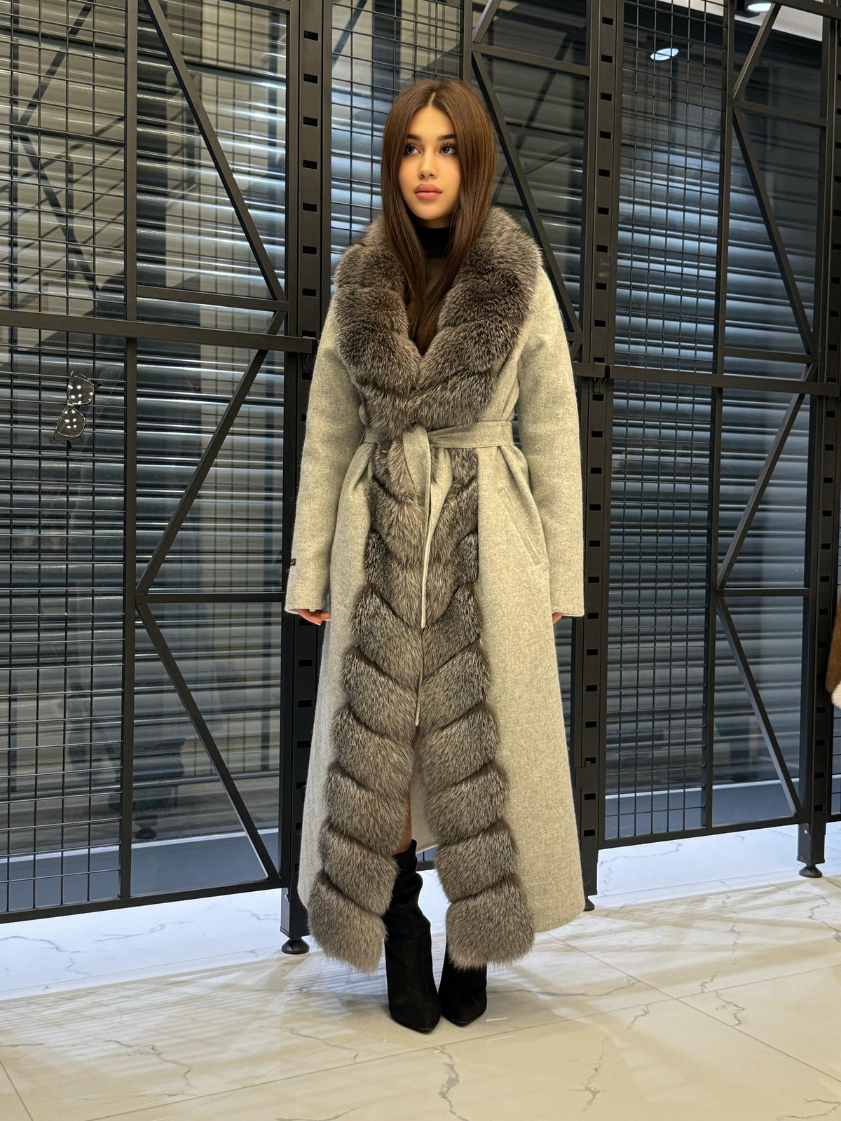 Women’s Gray Long Alpaca Wool Coat, Handmade Front Frost Fox Fur Jacket