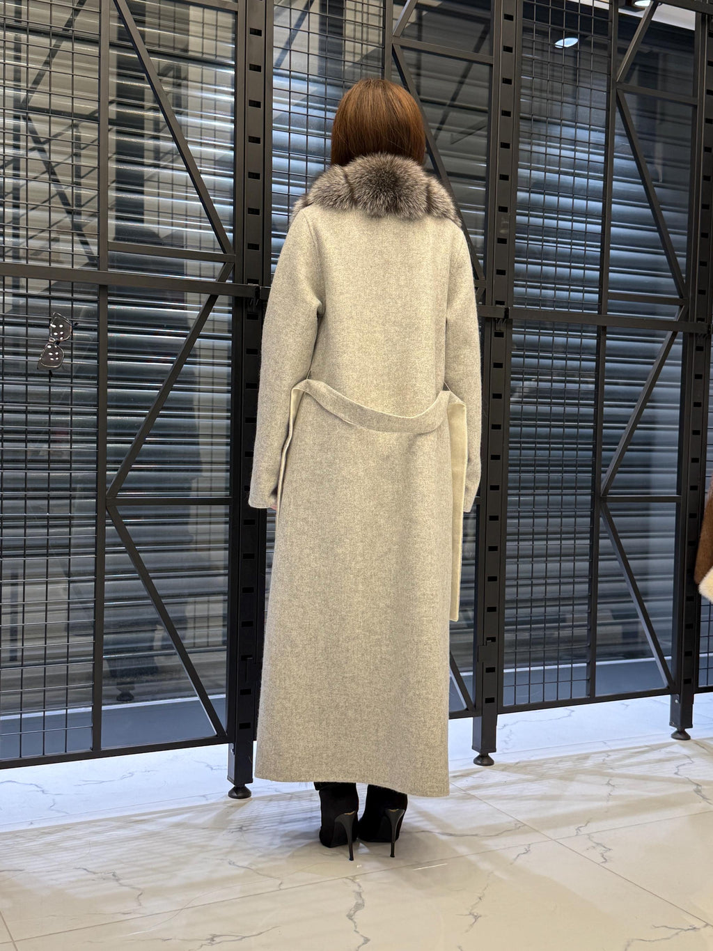 Women’s Gray Long Alpaca Wool Coat, Handmade Front Frost Fox Fur Jacket