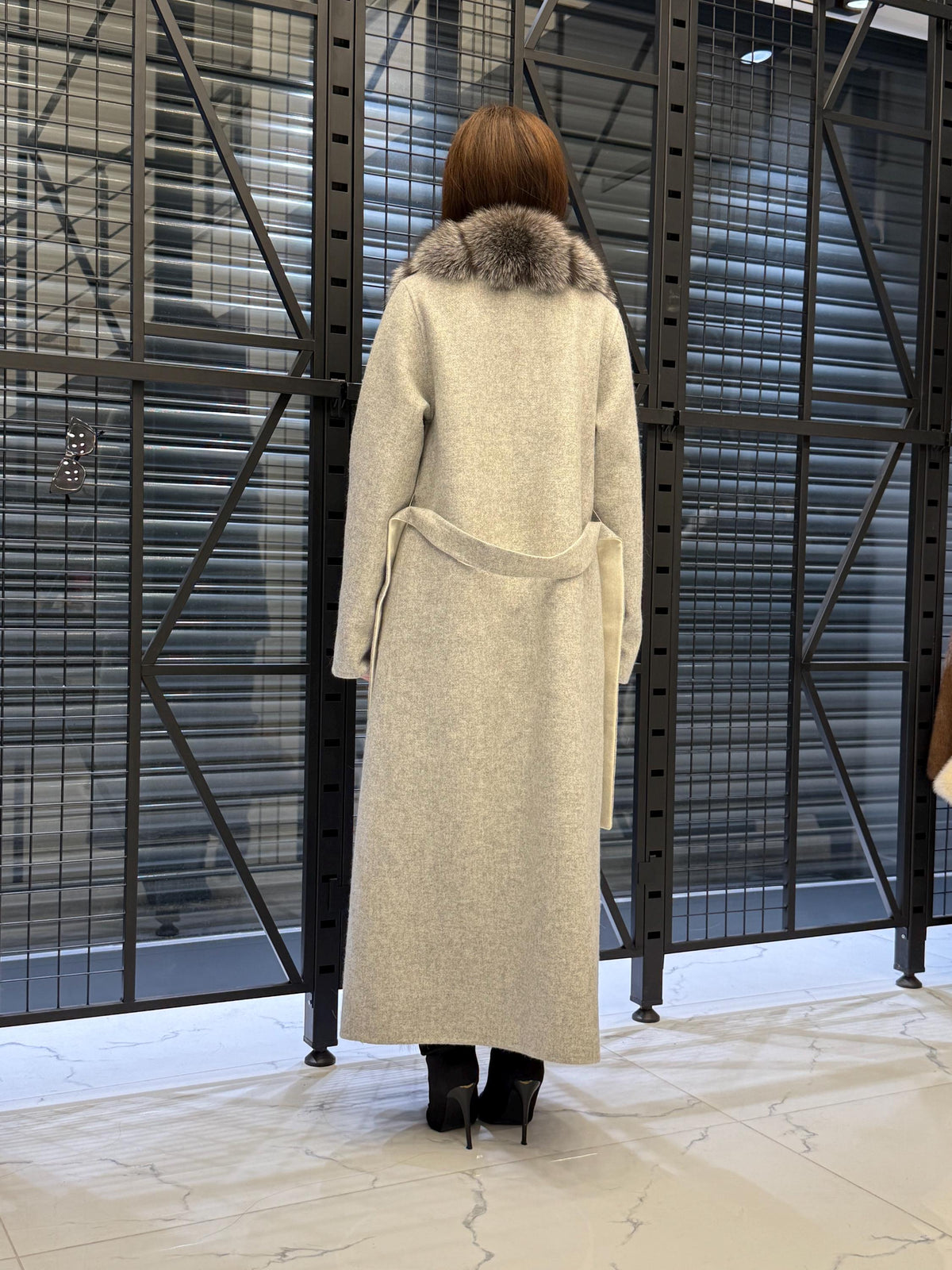 Women’s Gray Long Alpaca Wool Coat, Handmade Front Frost Fox Fur Jacket