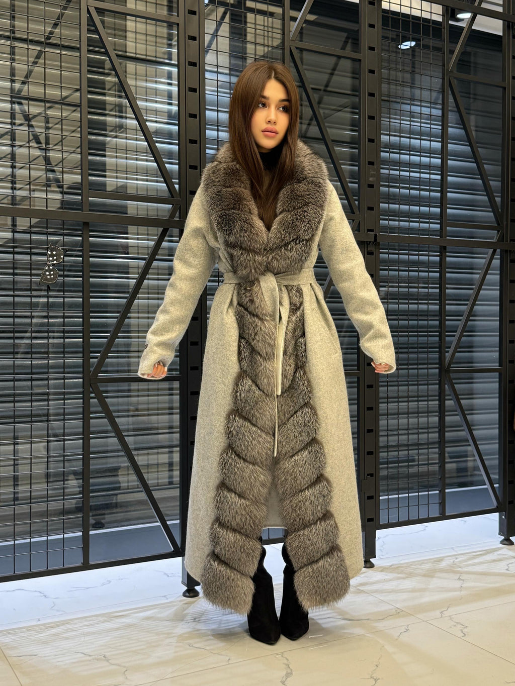 Women’s Gray Long Alpaca Wool Coat, Handmade Front Frost Fox Fur Jacket