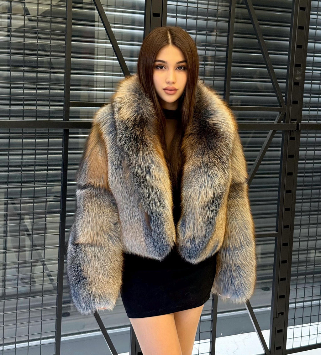 Women’s Fox Fur Jacket: Handmade Dyed Blue With Golden Tips Fur Coat