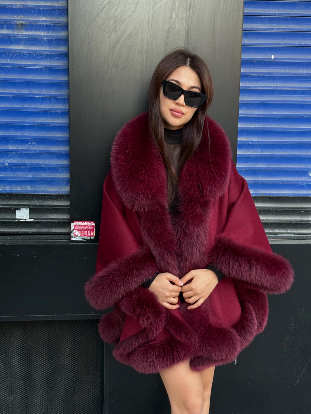 Red Cashmere Shawl With Fur Trim, Handmade Luxury Plus Size Fox Fur Jacket Cape