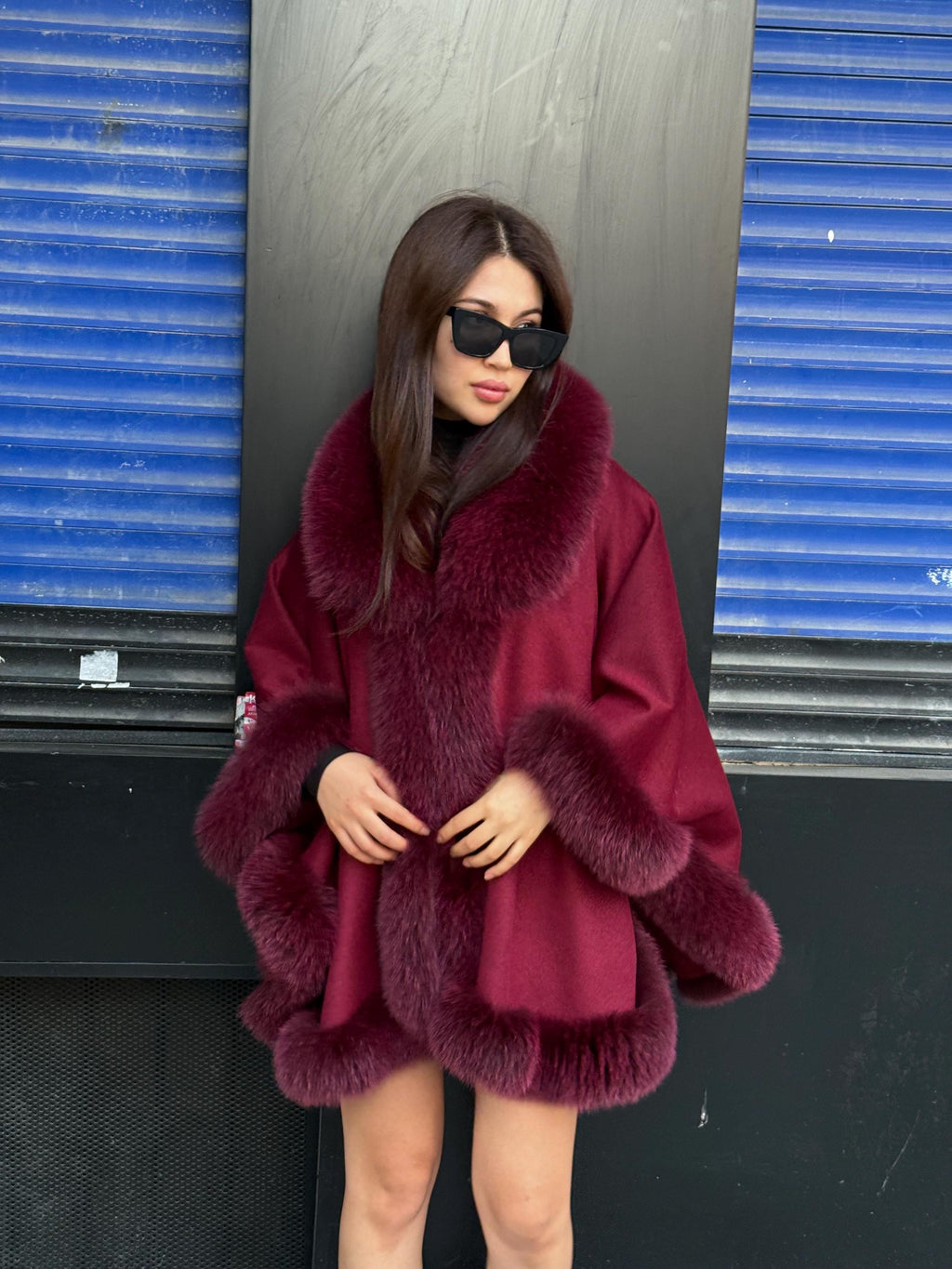 Red Cashmere Shawl With Fur Trim, Handmade Luxury Plus Size Fox Fur Jacket Cape