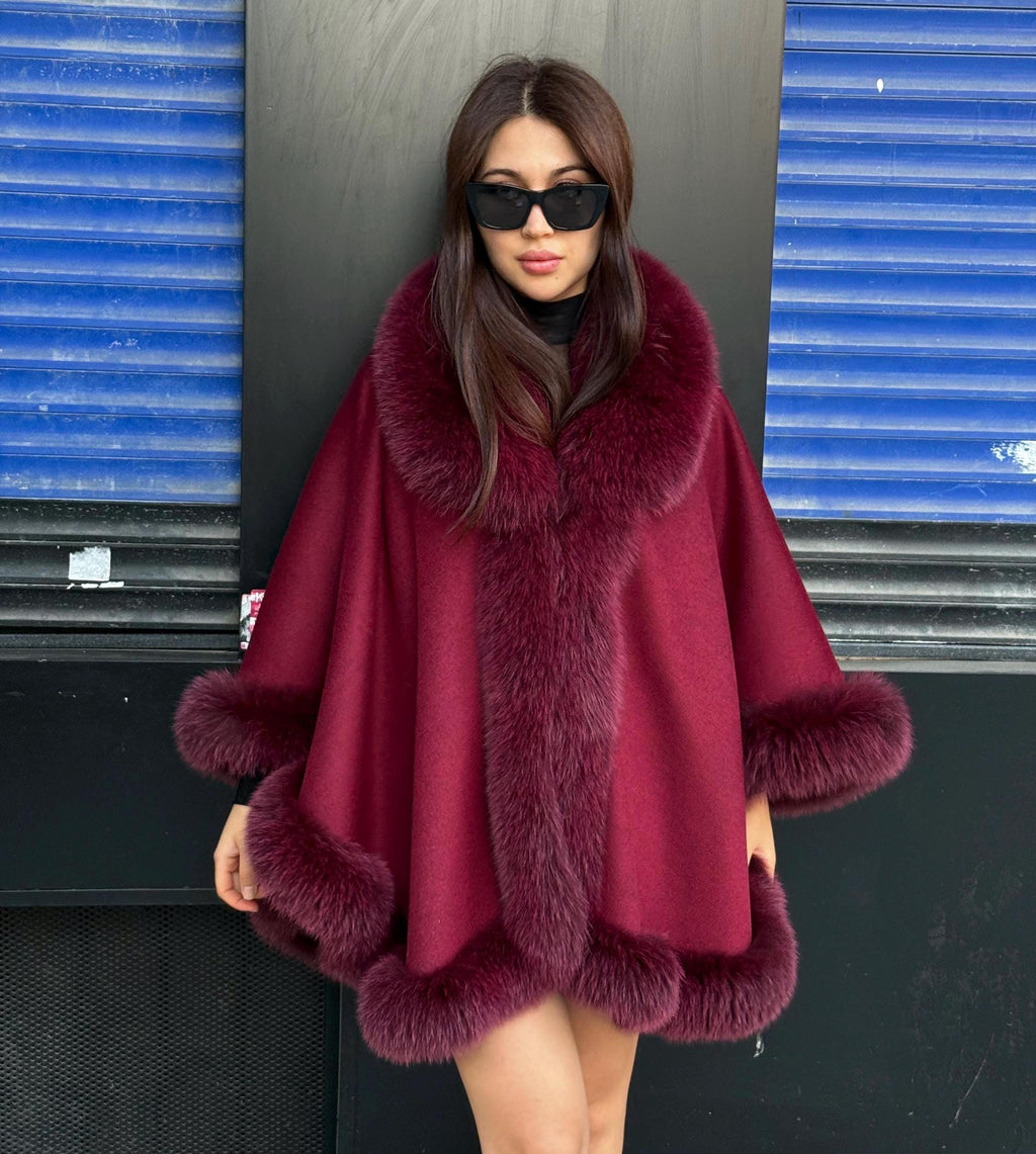 Red Cashmere Shawl With Fur Trim, Handmade Luxury Plus Size Fox Fur Jacket Cape